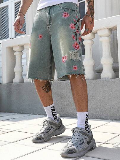 Street Life Men's Floral Embroidery Loose Denim Shorts