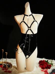 SpicyHot Hollow Out Chest Zipper Metal Chain Traction PU Patchwork Shiny Criss-Cross Open Crotch Punk Cyber Sexy Charming Women Bodysuits, Going Out - Black - View 1