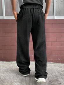 PAVTROS Manfinity Streetrush Men's Suede Fleece Straight-Leg Sweatpants,Glitter Accents Black Baggy Grunge Sweats Streetwear,Winter,Black And White,City Break - Black - View 2