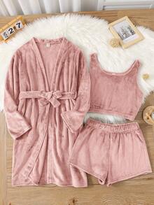 SHEIN 3pcs Teen Girl Pink Minimalist Comfortable Long Sleeve Robe, Short Vest & Shorts Soft Flannel Pajama Set, Autumn/Winter - Pink - View 1