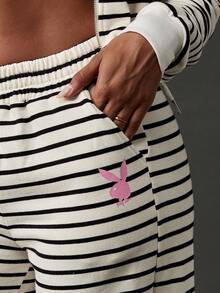 Missguided x Playboy 条纹阔腿慢跑家居裤复古风格舒适休闲裤弹性腰部休闲假日休闲裤带有粉色徽标细节 - 黑與白 - 查看 4