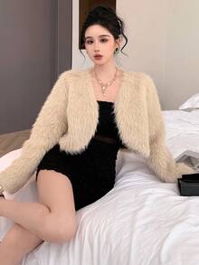 DAZY 女士V领短款宽松长袖优雅蓬松性感夹克秋冬蓬松外套 - 米色 - 查看 6