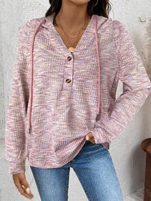 SHEIN LUNE 女式纽扣连帽华夫格针织运动衫，适合秋冬季所有季节 - 彩色 - 查看 4