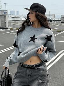 DAZY 女式宽松圆领印花街头风毛衣秋季 - 灰色 - 查看 8