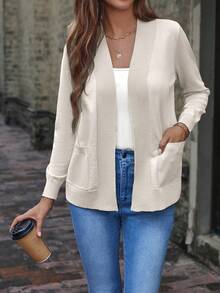 SHEIN LUNE Women's Casual Daily Commute Simple Solid Color Patchwork Pocket Cardigan, Autumn,Fall