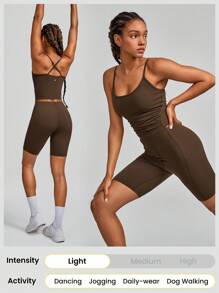 GLOWMODE 6" FeatherFit™ Peekaboo Pleated Adjustable Romper Bodysuit With Built-In Underwear Light Support Low Impact Yoga Studio Summer - Cinnamoninspiration - View 8