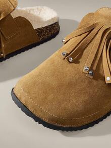 Solecia Giày đế bằng mũi tròn tua rua đính đá lấp lánh, khóa kép, thoải mái khi đi chơi, dự tiệc, đi làm, đa năng cho nữ - Lạc đà - Xem 5