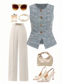 Ellevyn Chaleco sin mangas para mujer con cierre de botón metálico, adecuado para ir al trabajo