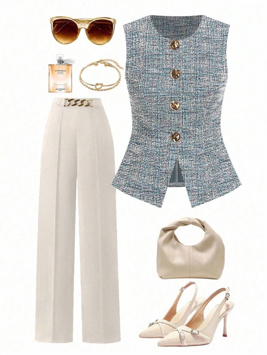 Ellevyn Chaleco sin mangas para mujer con cierre de botón metálico, adecuado para ir al trabajo