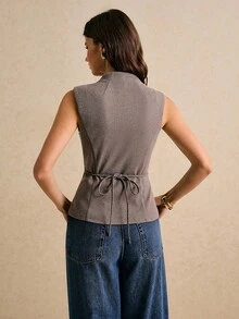 Poéselle Women's Elegant Brown Summer Office Sleeveless Blouse,Solid Color Front Button Placket Slit Top,Casual Old Money Style Fall/Winter Blouses For Ladies - Brown - View 6