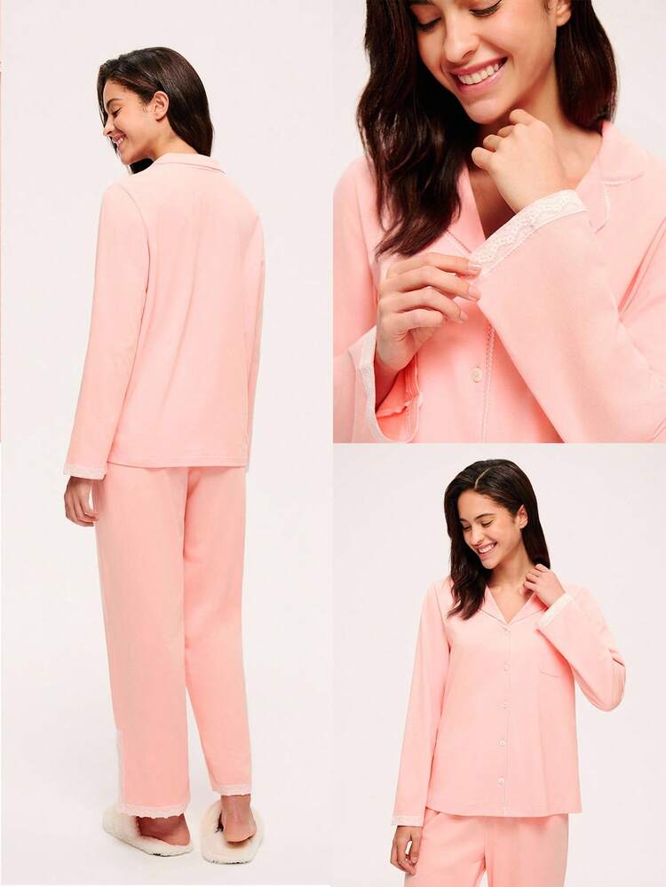 Ensemble de pyjama automne et hiver doux 100% coton pur femme rose avec dentelle élégante, haut boutonné de base et pantalon. Pantalon avec poches, romantique et confortable pour la maison en automne.