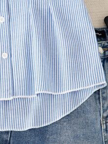 SHEIN Casuvi Kids 条纹纽扣前短袖休闲衬衫，灯笼袖，蝴蝶结褶饰腰部 A 字型修身款式，适合少女，夏季通勤和度假 蓝白条纹衬衫女孩蓝色条纹衬衫少女女孩夏季衬衫