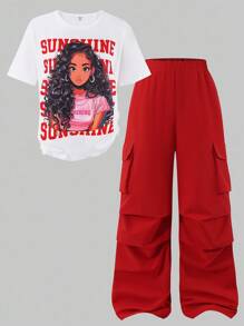 SHEIN Sparklyn 2件套青少年女孩休闲图案T恤和工装裤套装 - 紅色 - 查看 3