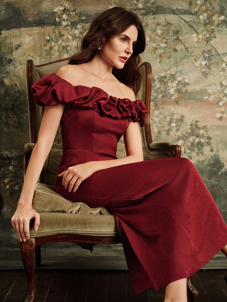Women's Elegant Romantic Modern Vintage Off Shoulder Floral Bud Design Waist-Cinched Textured Satin Dress, Suitable For Halloween Costume, New Year Party, Graduation, Red Dress