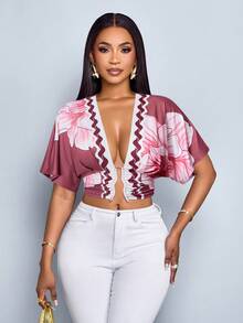 SOLERSUN 女士优雅热带印花褶皱镂空修身金属环扣小众设计短袖外出T恤 - 粉色 - 查看 3