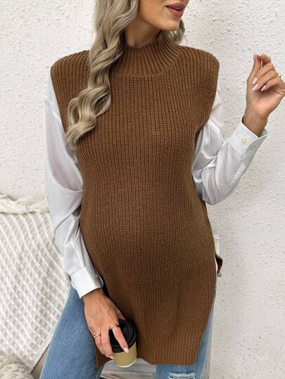 SHEIN 纯色圆领无袖开衩孕妇毛衣