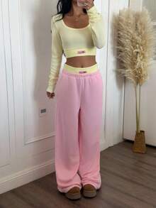 CovetEZ 2件套女士休闲拼色短款上衣和裤子套装 - 粉色 - 查看 6