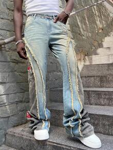 ROMWE MEN Street Life 男士水洗做旧花卉刺绣拼布多层牛仔裤 - 藍色 - 查看 4