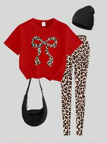Sparklyn 女童豹纹蝴蝶结设计休闲 T 恤和长裤套装