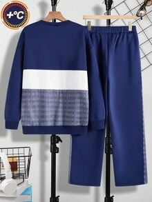 SHEIN 2 件青少年男童休闲字母标语印花圆领运动衫和裤子套装，纯色简约基本百搭，适合通勤、上学、日常休闲、旅行、户外派对、运动、秋冬 - 彩色 - 查看 6