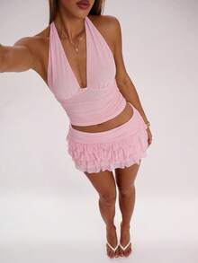 SHEIN BAE Women's Casual Fashion Multi-Layer Mesh Mini Skirt - Coral Pink - View 5