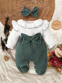 SHEIN Vintaside Kids 婴儿女孩白色分层荷叶边领长袖拼接绿色蝴蝶结连体衣，配有可拆卸裤子和头带，适合春夏秋冬，简约可爱，适合室内外穿着 - 彩色 - 查看 3
