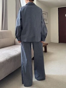 DAZY 可爱小狗印花条纹宽松女士睡衣套装，秋季衣服 - 藏蓝色 - 查看 2