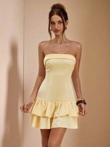 SHEIN BAE Pale Yellow Satin Strapless Backless Ruffle Hem Mini Dress,Summer Elegant Birthday Party Cocktail Formal Event Bridesmaid Dress For Women - Light Yellow - View 1
