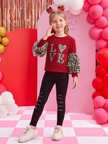 2pcs Girls Leopard Print Heart Valentine's Day Casual Outfit - Red - View 5