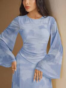 Veilorie Đầm dài tay cổ tròn in họa tiết tie-dye thanh lịch dành cho nữ - Màu xanh lam - Xem 7