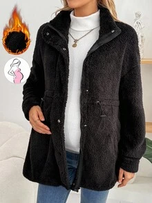 SHEIN 孕妇纯色简约休闲长袖夹克 - 黑色 - 查看 4