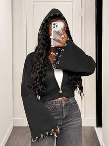 BamGleam Áo hoodie ngắn tay loe trang trí nhẫn phong cách Punk thời trang - màu đen - Xem 7