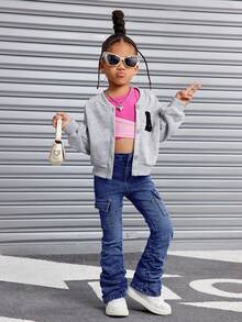 SHEIN SLAYR Young Girl Young Girl Blue Denim Elastic Ruched Jeans Fall Winter - Dark Wash - View 7