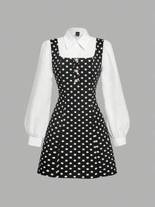 SHEIN MOD Váy dài tay chấm bi vá 2 trong 1 thanh lịch dành cho nữ, Váy chấm bi nữ, Váy chấm bi, Váy học sinh, Váy chấm bi đen trắng, Váy chấm bi nữ, Mùa thu, Váy dự tiệc thanh lịch, Đi chơi, Sang trọng, Chấm bi vá, Váy sang trọng - Đen và trắng - Xem 3