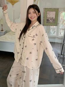 Dazy Plus 2pcs Floral Bow Print Loose Fit Pajama Set, Plus Size Women Autumn Sleepwear, Fall Winter Clothes, Cozy Outfits