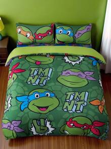 TEENAGE MUTANT NINJA TURTLES | SHEIN 3件套卡通图案床上用品，柔软透气保暖，绿色被套 - 綠色 - 查看 2