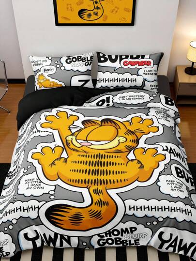 GARFIELD | SHEIN 3pcs Letter & Cartoon Pattern Bedding Set, Brushed Fabric, Soft & Warm, Black Duvet Cover, Fit For Single/Double/Queen/King Size Bed For Bedroom Decor
