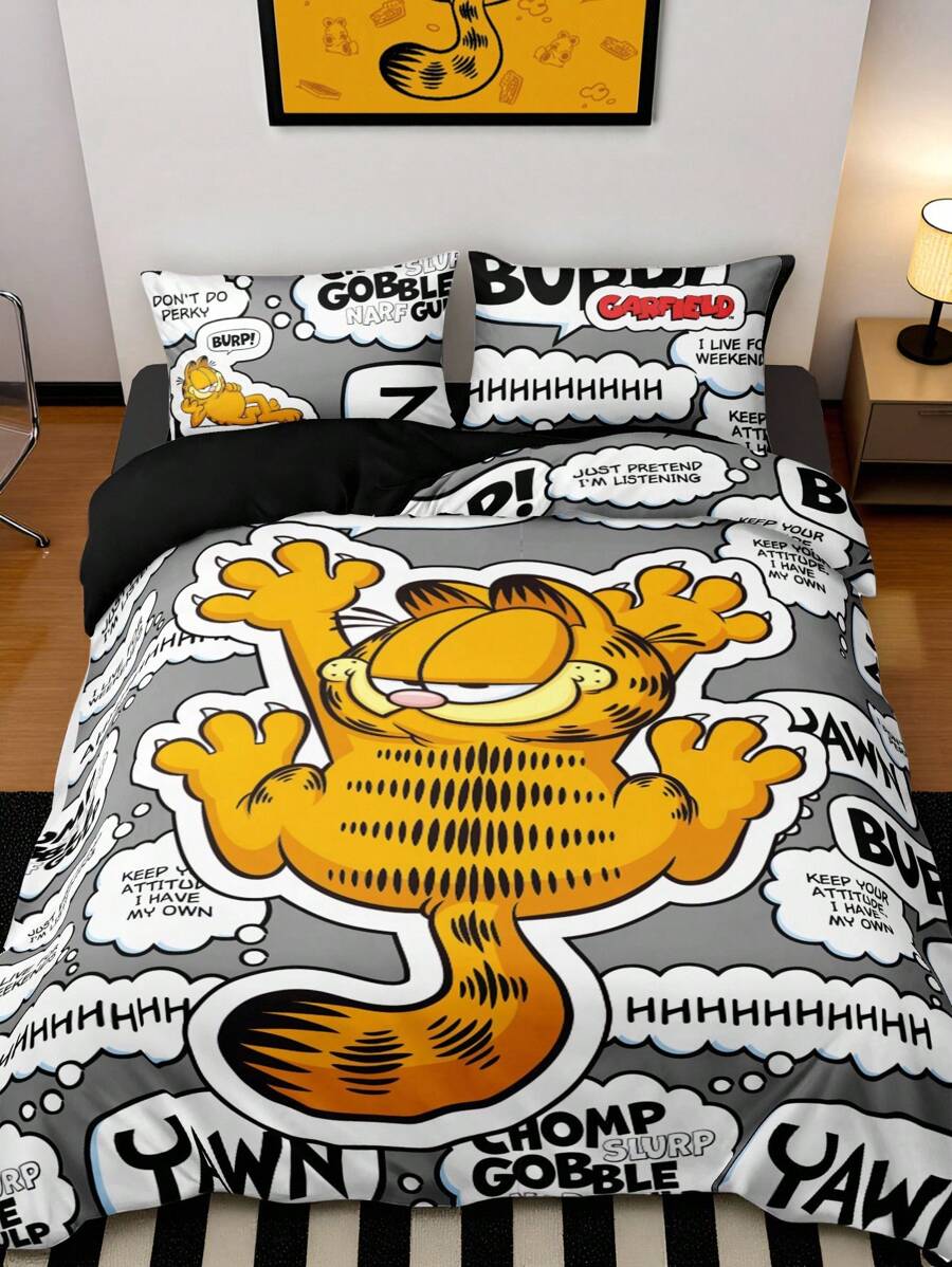 GARFIELD | SHEIN 3 件字母和卡通图案床上用品套装，拉绒面料，柔软温暖，黑色羽绒被套，适合单人/双人/大号/特大号床，适用于卧室装饰 - 灰色 - 查看 1