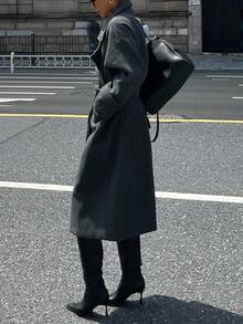 DAZY 女士宽松长款翻领系带休闲大衣 秋冬款 - 灰色 - 查看 11