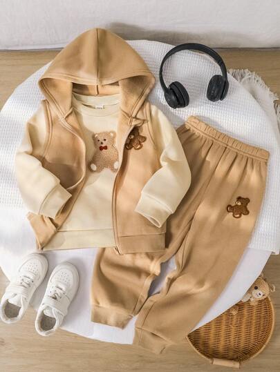 3 件套年轻男孩/女孩秋冬卡其色休闲宽松拉链可爱熊毛绒补丁连帽背心夹克，宽松休闲运动裤，杏色基本款圆领套头衫，适合居家和户外