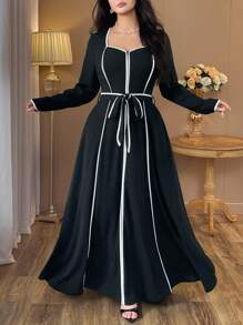Auvina 女式优雅黑白深 V 领高低腰系带修身长袖超长连衣裙，加大码，春秋季 - 黑色 - 查看 7