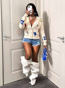 BamGleam Women's Cardigan Sweater, V-Neck Button Contrast Color Long Sleeve, Apricot Cartoon Face Letter Jacquard Pattern, Street Style Casual Loose Knit Outerwear