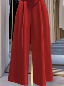 Franclia Women's Elegant Solid Color Plunging Neckline Jumpsuit - Red - View 4