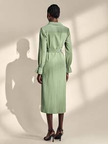 Chiquease Women's Elegant Patchwork Waist Loose Long Sleeve Midi Dress - Green - View 3