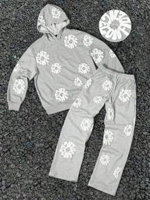 Manfinity Roughcore 男士字母印花连帽衫和运动裤套装，秋季服装 - 灰色 - 查看 2