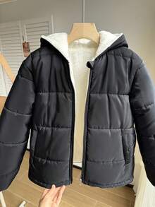 女童休闲棉服外套，罗纹弹性衣领、袖口和下摆，加厚衬里，宽松版型，秋冬舒适，适合日常、通勤、郊游、派对和拍照 - 黑色 - 查看 5