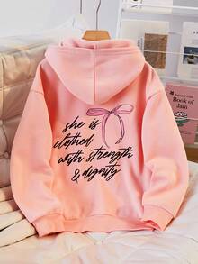 Tween Girl Letter Print Casual Hoodie, Pink, Pocket, Long Sleeve, Graduation Long Sleeve Top, Back To School, Graduation, Teacher , Fall Winter