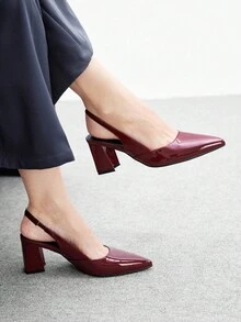 CUCCOO BIZCHIC 女士时尚黑色露背尖头粗跟高跟鞋，经典简约设计，适合通勤、约会、派对、度假、婚礼 - 酒紅色 - 查看 5