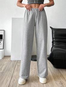 RueChic Women Mid Waist Wide Leg Sweatpant - Grey - View 3