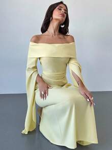 Firerie 优雅纯色露肩长袖褶皱腰 A 字中长连衣裙，适合日常、度假、返校、毕业典礼、派对 - 奶油黄 - 黃色 - 查看 4